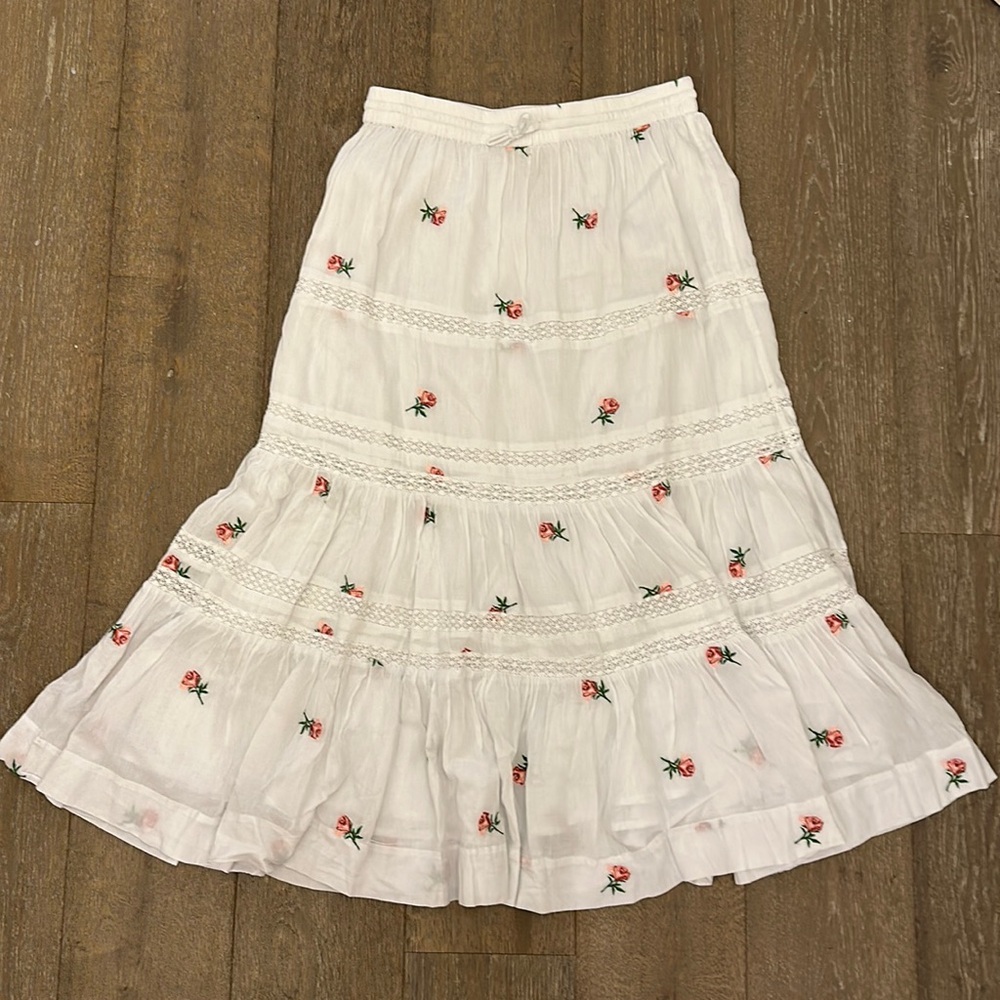 White Midi Skirt with Pink Rose Embroidery
